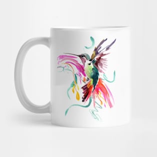 Flying Hummingbird and Abstract Flowers, Turquoise, pink watercolor bird artwork Mug